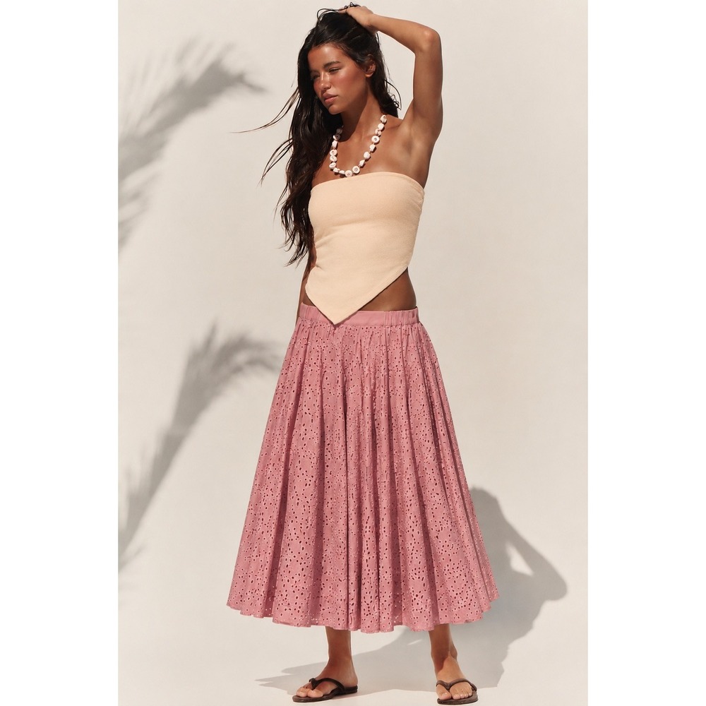 Anthropologie Raga Eyelet Midi Skirt Pink Boho Full Flare Lined Size Large‎